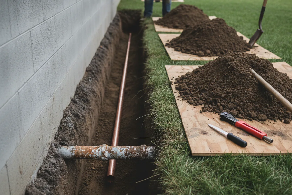 Excavated water line trench during Water Heater Repair in Kittrell